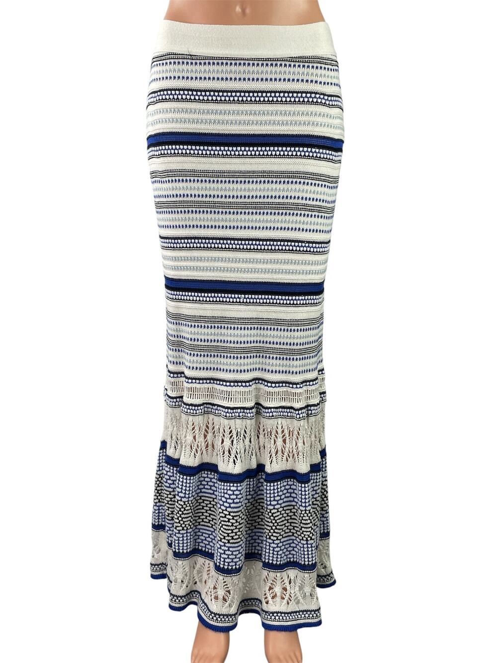 Anthropologie Cecilia Prado Blue White Striped Crochet Pencil Maxi Skirt Size SP